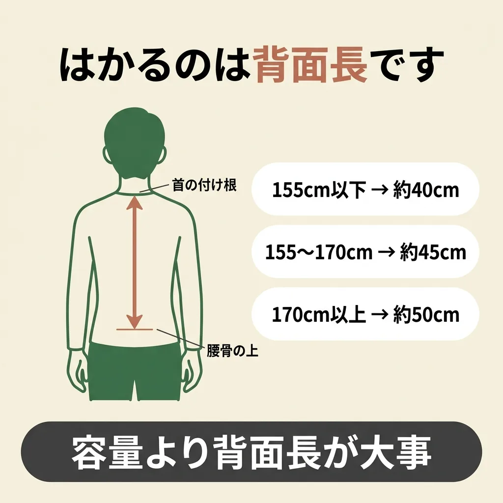 背面長は首の付け根から腰骨まで。身長155cm以下で約40cm、155から170cmで約45cm、170cm以上で約50cm