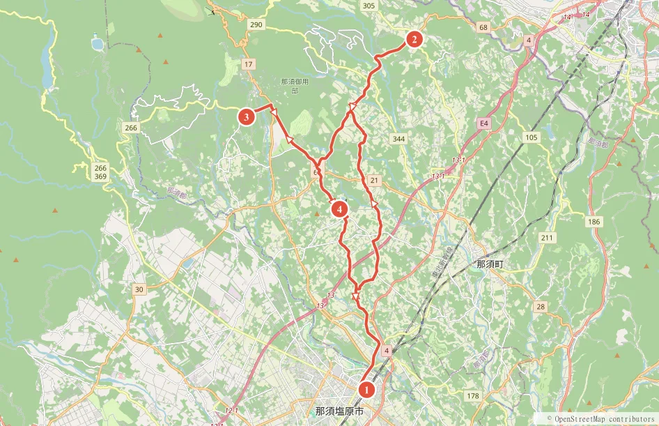 那須高原サイクリング 黒磯駅発着 約49kmのルート地図と主要スポット