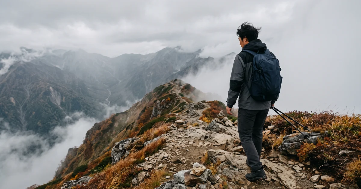 秋の稜線で、防水のシェルジャケットを着てザックを背負った登山者の後ろ姿
