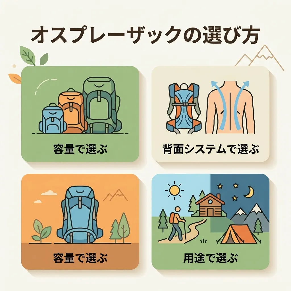 容量・背面システム・用途の3つの視点で選ぶポイントを図解