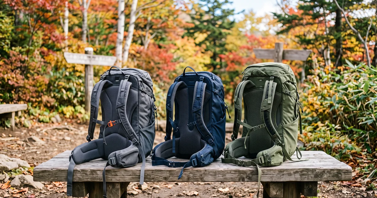 秋の登山口の木のベンチに、背中のメッシュが見えるように並べた3つの登山ザック（灰・紺・緑）