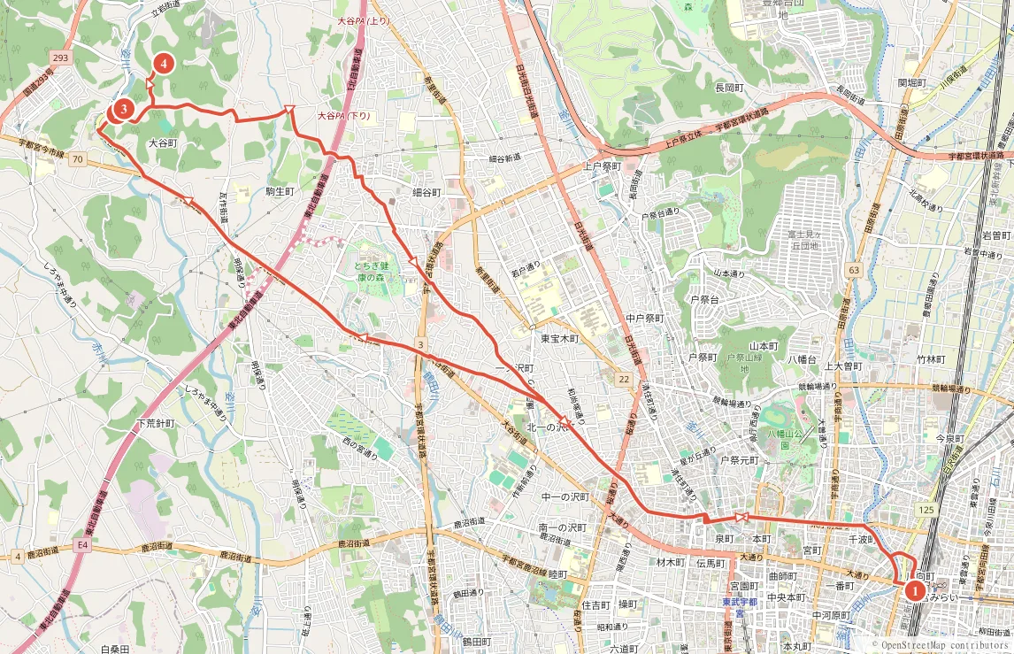 大谷サイクリング 宇都宮駅発着 約20kmのルート地図と主要スポット