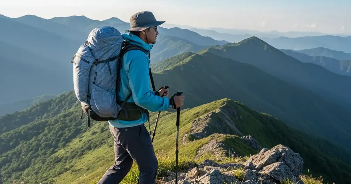 稜線の登山道を、軽量なザックを背負って歩く登山者（イメージ）