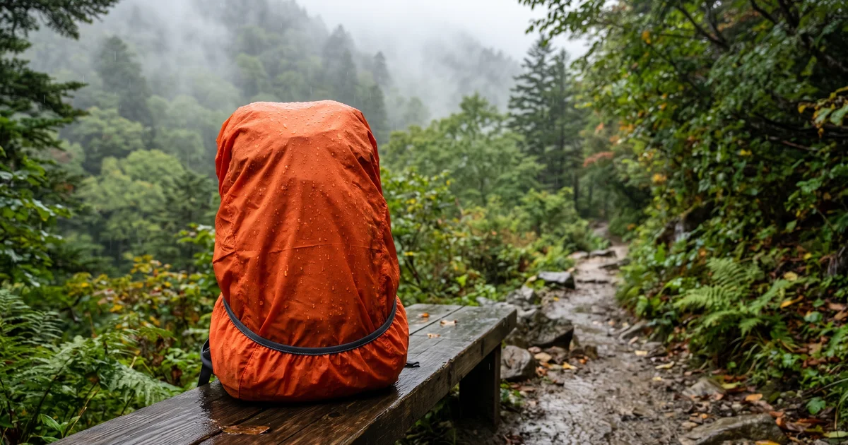 霧雨の山道の脇の濡れたベンチに置いた、オレンジ色のザックカバーをかぶせたザック