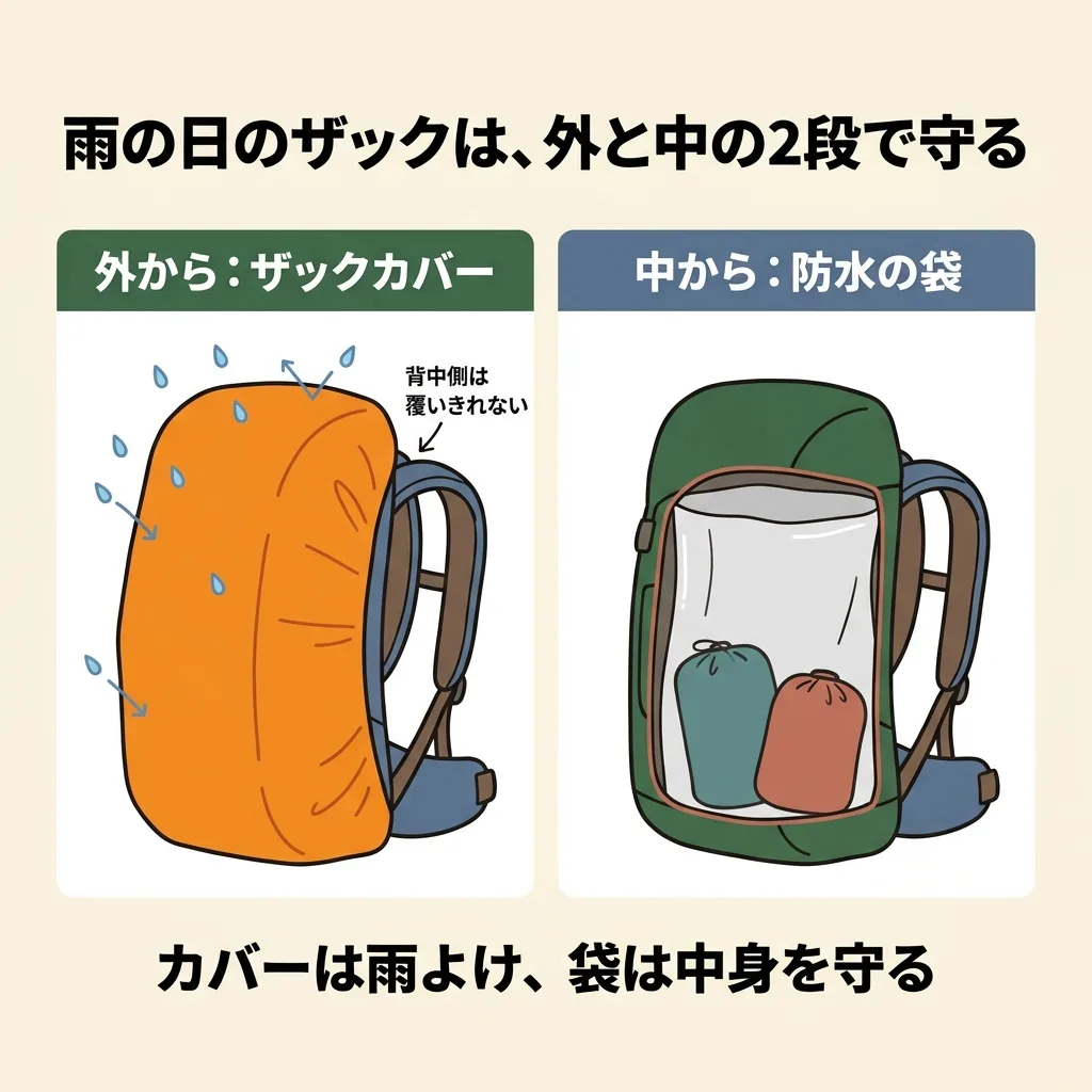 雨の日のザックを外と中の2段で守る図。外からはザックカバー（背中側は覆いきれない）、中からは防水の袋。カバーは雨よけ、袋は中身を守る