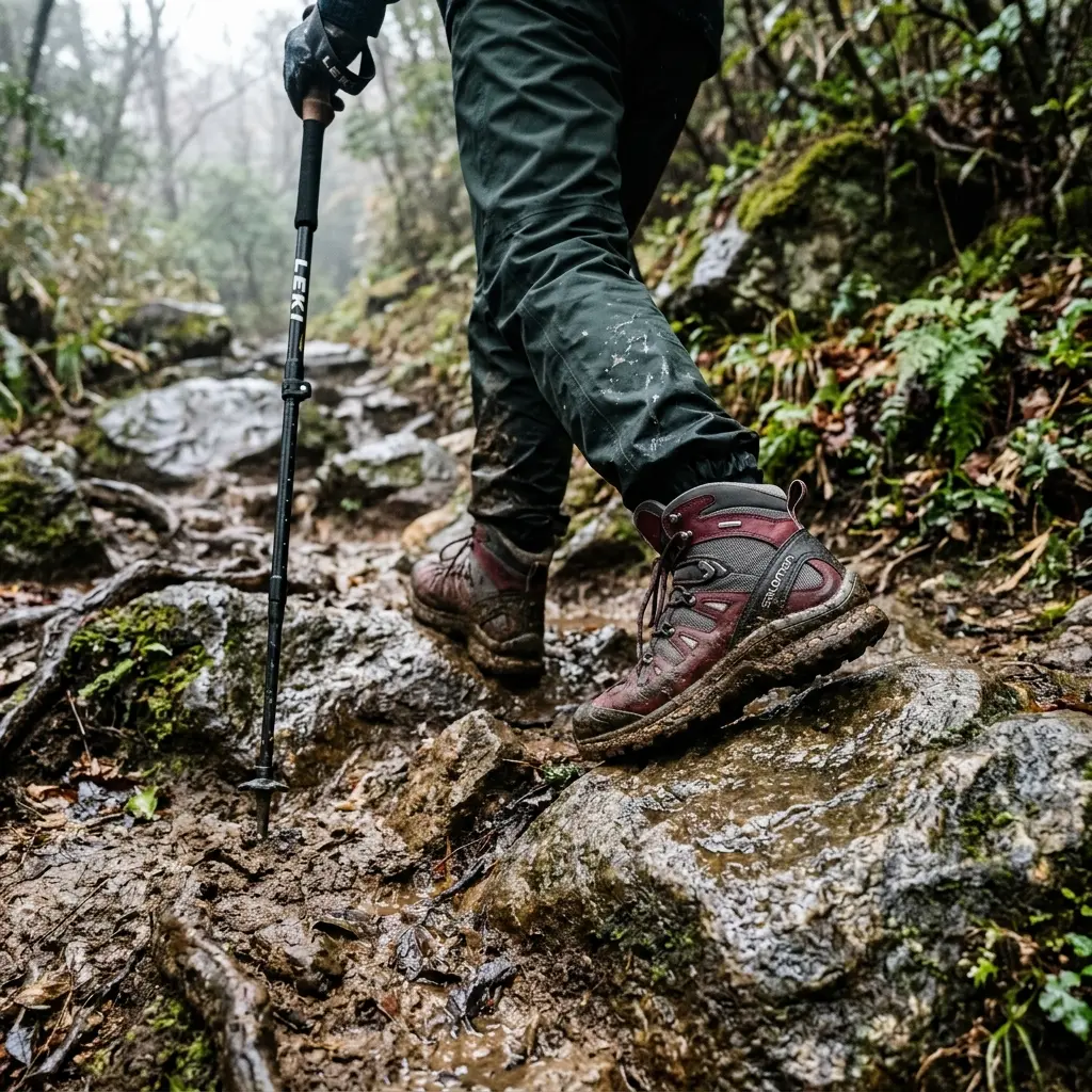 濡れた登山道を歩く足元
