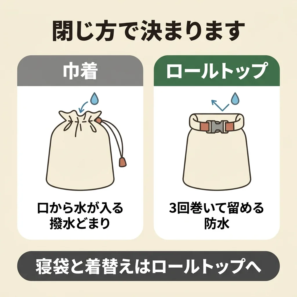 巾着タイプは口から水が入るので撥水どまり。ロールトップは3回巻いて留めるので防水