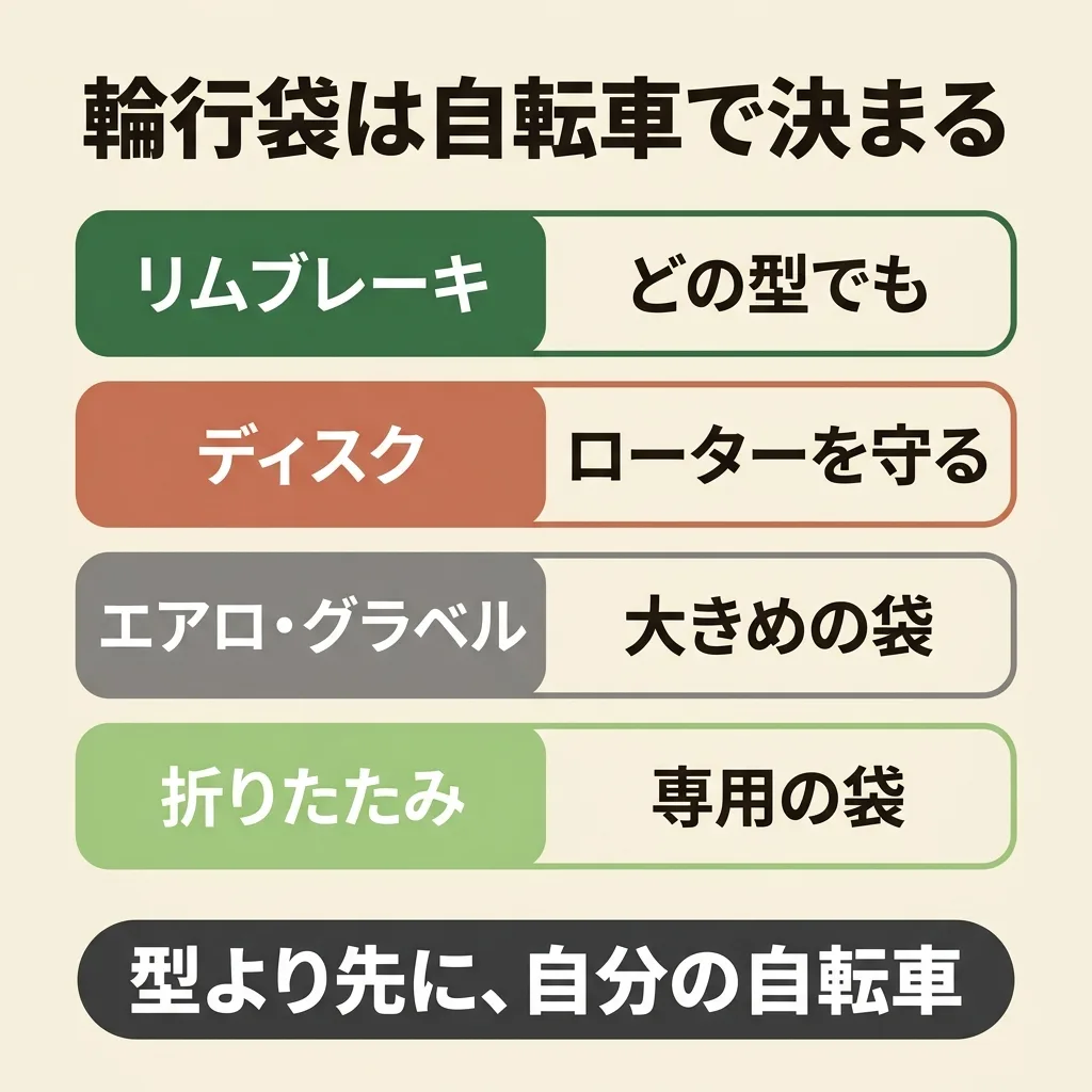 輪行袋は自分の自転車で決まる。リムブレーキはどの型でも、ディスクブレーキはローターを守る、エアロやグラベルは大きめの袋、折りたたみは専用の袋
