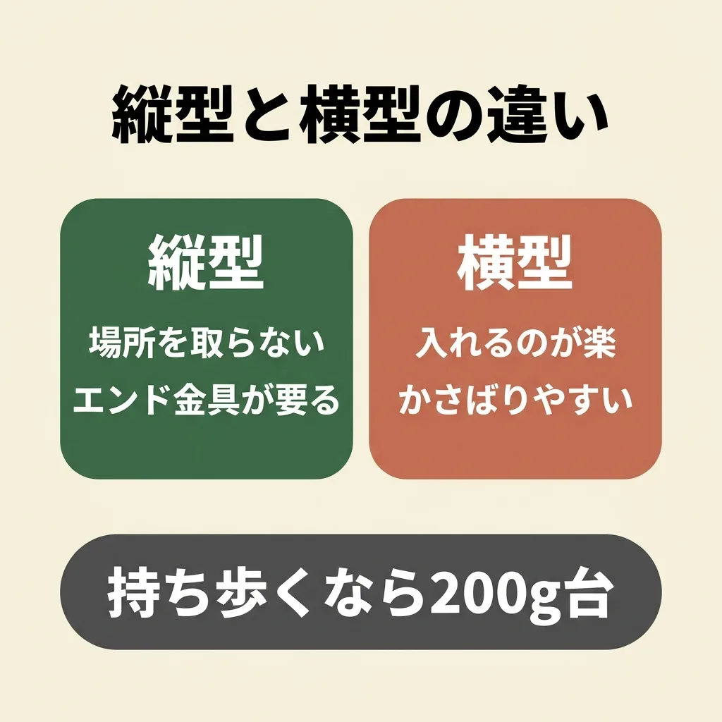 輪行袋の縦型と横型の違い。縦型は電車で場所を取らないがエンド金具が要る。横型は袋に入れるのが楽だがかさばりやすい