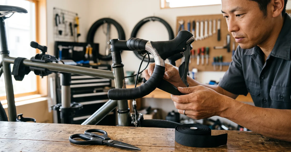 作業台で、ロードバイクのドロップハンドルに黒いバーテープを巻いている手元