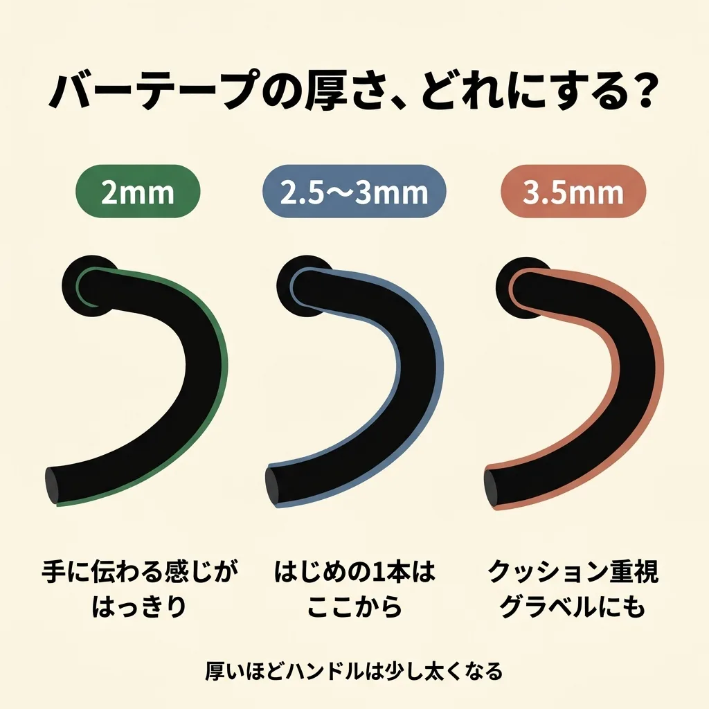 バーテープの厚さの図。2mm：手に伝わる感じがはっきり。2.5〜3mm：はじめの1本はここから。3.5mm：クッション重視・グラベルにも。厚いほどハンドルは少し太くなる
