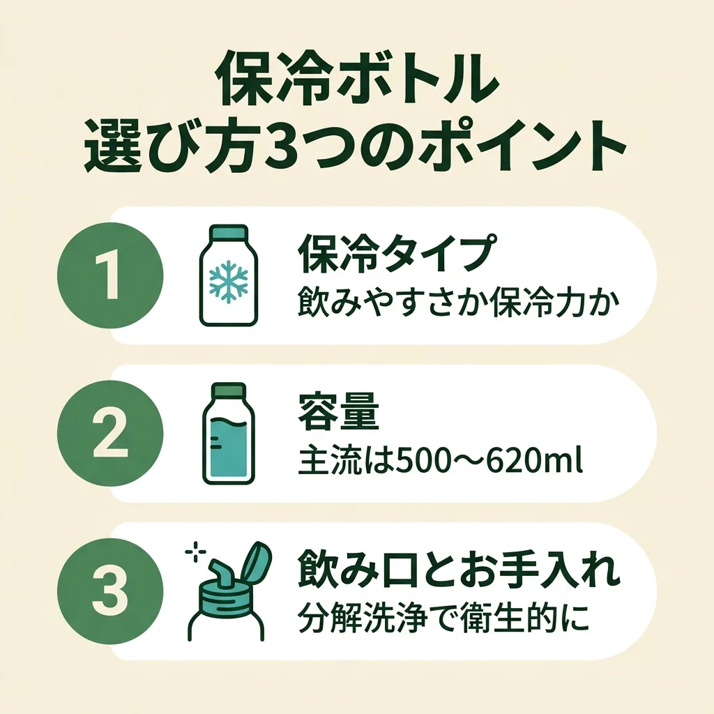保冷ボトルの選び方3ポイント：保冷タイプ・容量・飲みやすさとお手入れ