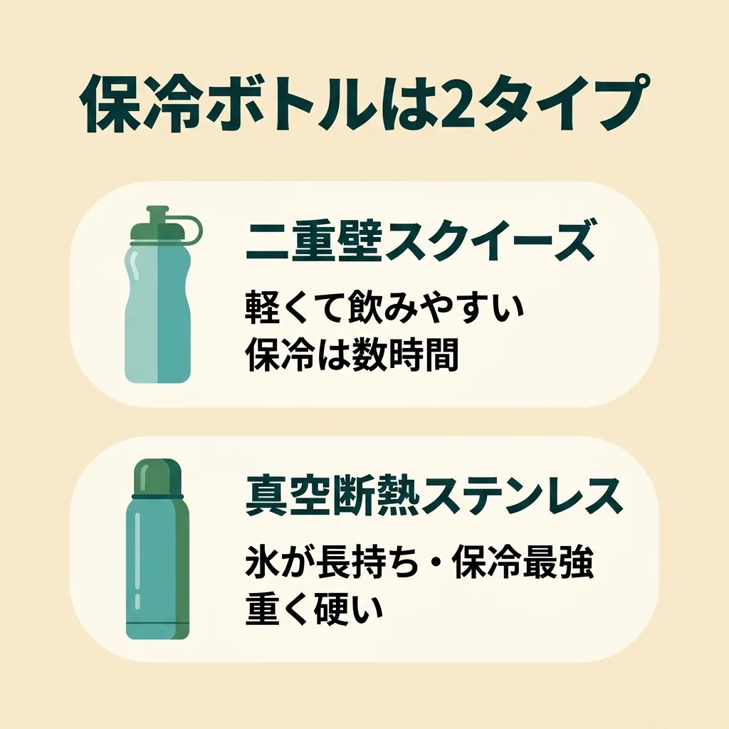 保冷ボトル2タイプ：二重壁スクイーズ（軽くて飲みやすい）と真空断熱ステンレス（保冷力最強）
