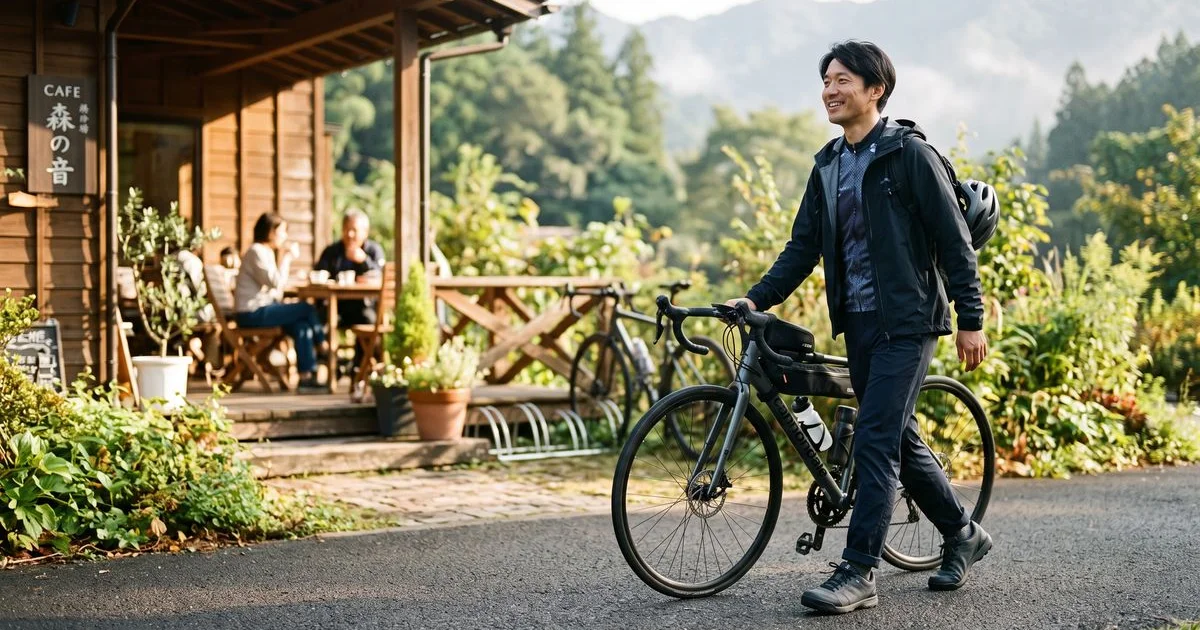 SPDシューズで自転車を降りて歩くサイクリスト