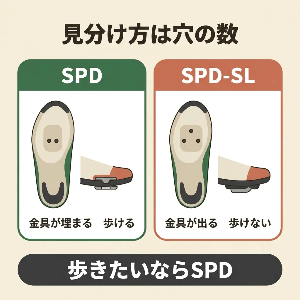 SPDは靴底の穴が2つで金具が埋まり歩ける。SPD-SLは穴が3つで金具が外に出て歩けない