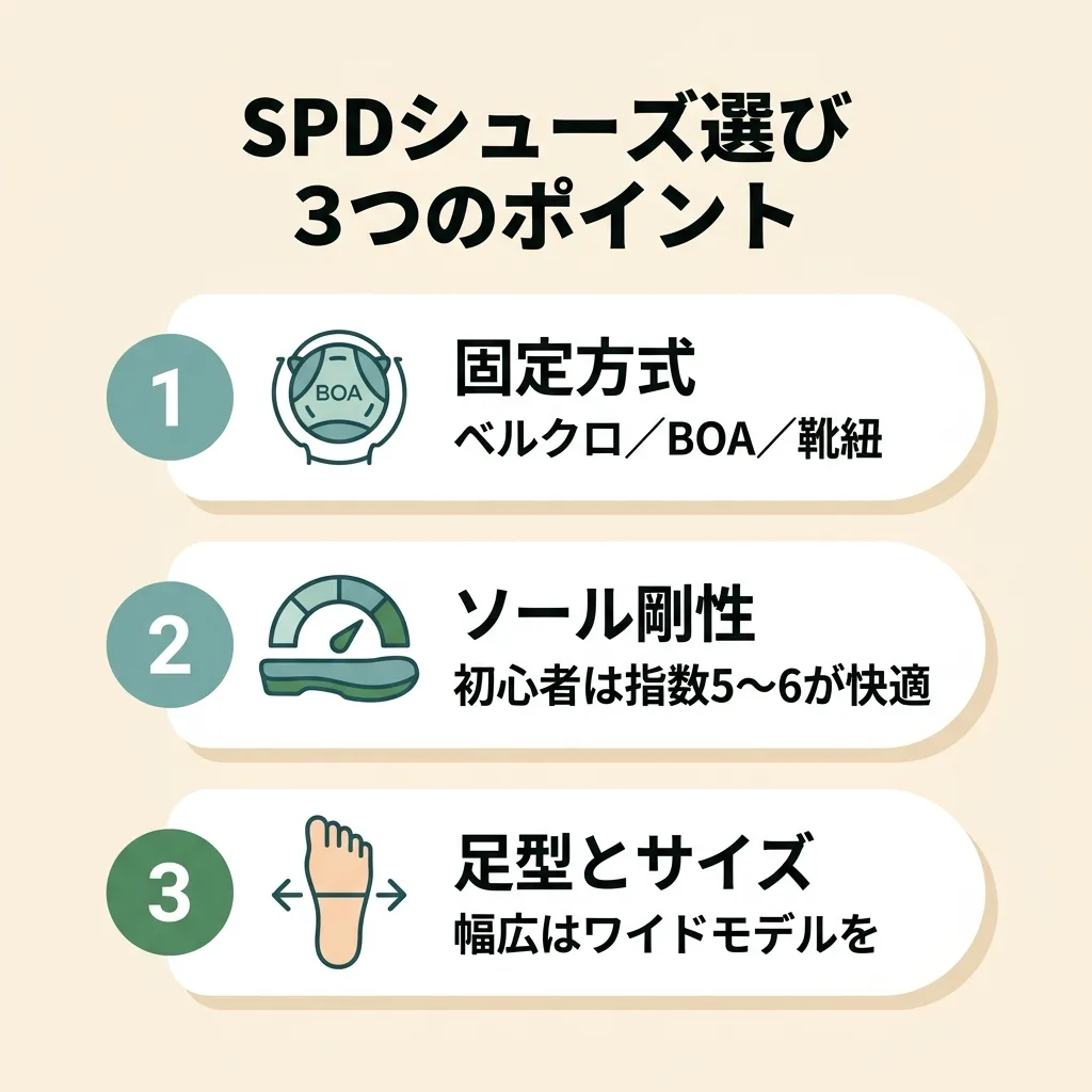 SPDシューズ選び3ポイント：固定方式（ベルクロ/BOA/紐）・ソール剛性・足型とサイズ