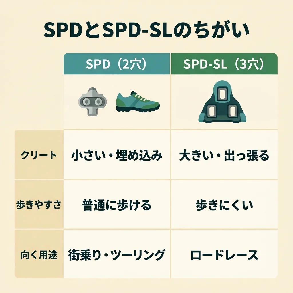SPD（2穴）とSPD-SL（3穴）の違い：クリートの大きさ・歩きやすさ・向いている用途