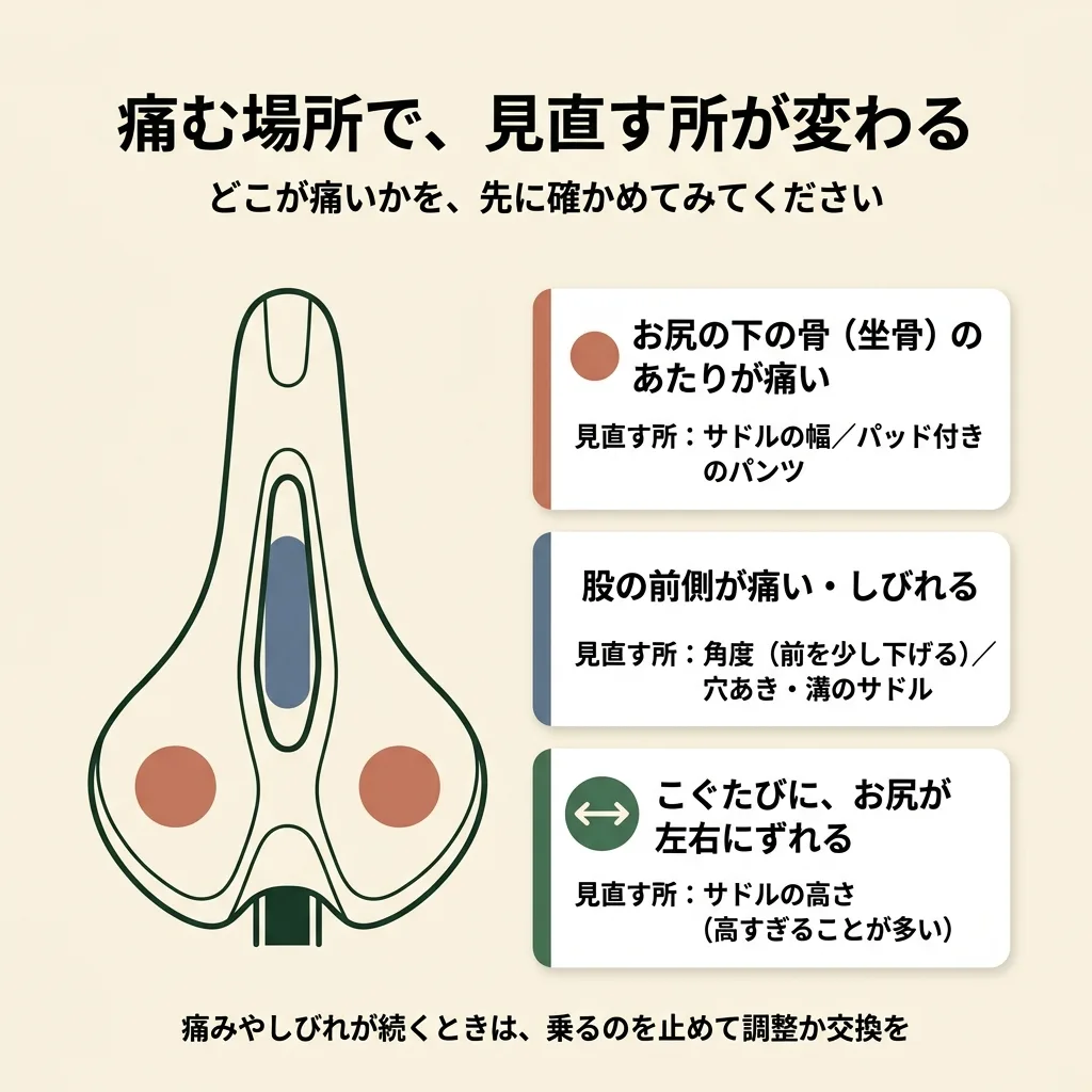 痛む場所で見直す所が変わる図。お尻の下の骨（坐骨）のあたりが痛いならサドルの幅とパッド付きのパンツ。股の前側が痛い・しびれるなら角度（前を少し下げる）と穴あき・溝のサドル。こぐたびにお尻が左右にずれるならサドルの高さ（高すぎることが多い）