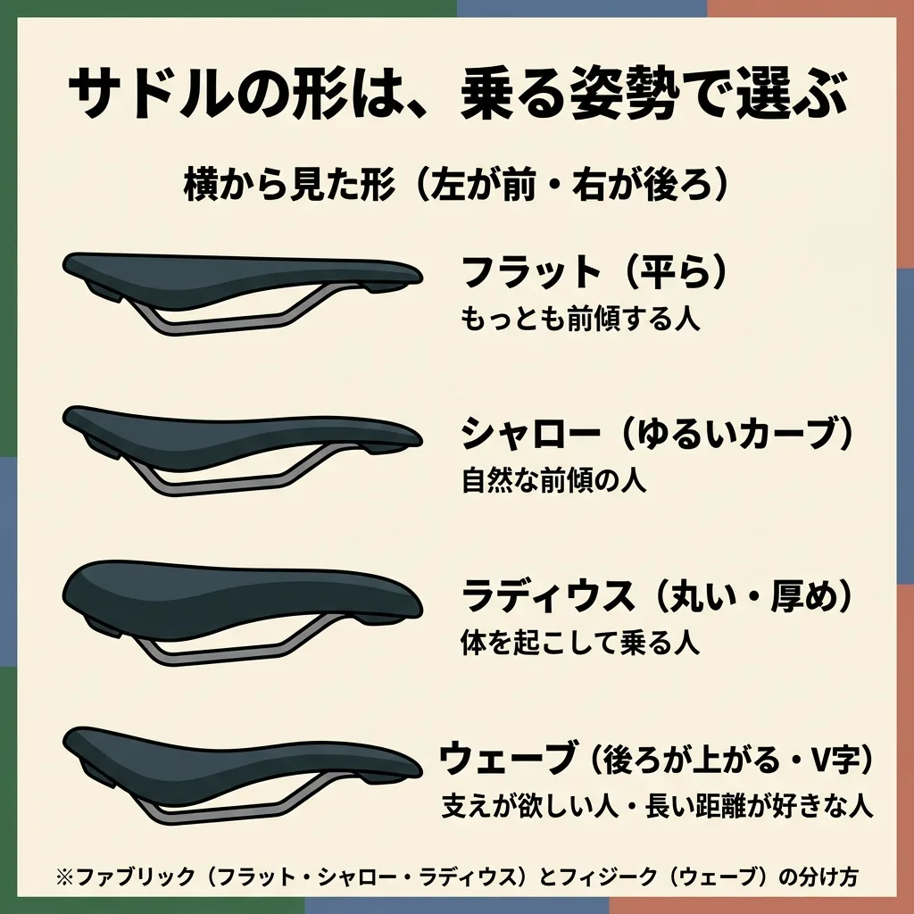 横から見たサドルの形の図。フラット（平ら）はもっとも前傾する人、シャロー（ゆるいカーブ）は自然な前傾の人、ラディウス（丸い・厚め）は体を起こして乗る人、ウェーブ（後ろが上がる・V字）は支えが欲しい人・長い距離が好きな人