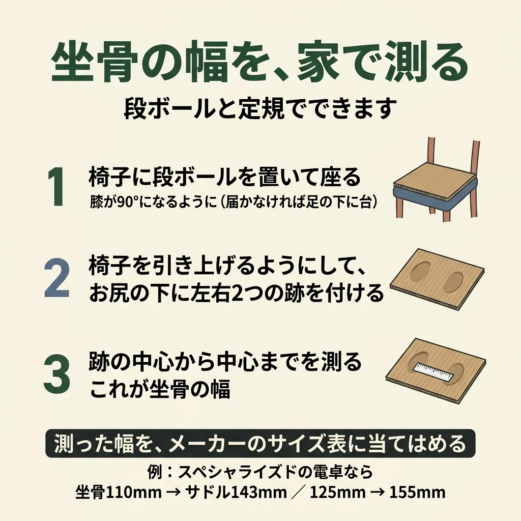 坐骨の幅を家で測る手順の図。1 椅子に段ボールを置いて膝が90°になるように座る。2 椅子を引き上げるようにして左右2つの跡を付ける。3 跡の中心から中心までを測る。測った幅をメーカーのサイズ表に当てはめる（スペシャライズドの電卓なら坐骨110mmでサドル143mm、125mmで155mm）