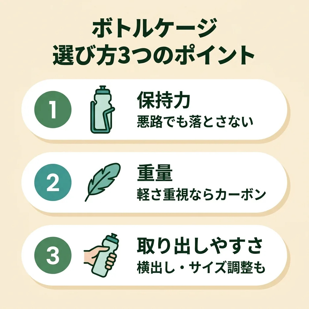 ボトルケージの選び方3ポイント:保持力・重量・取り出しやすさ