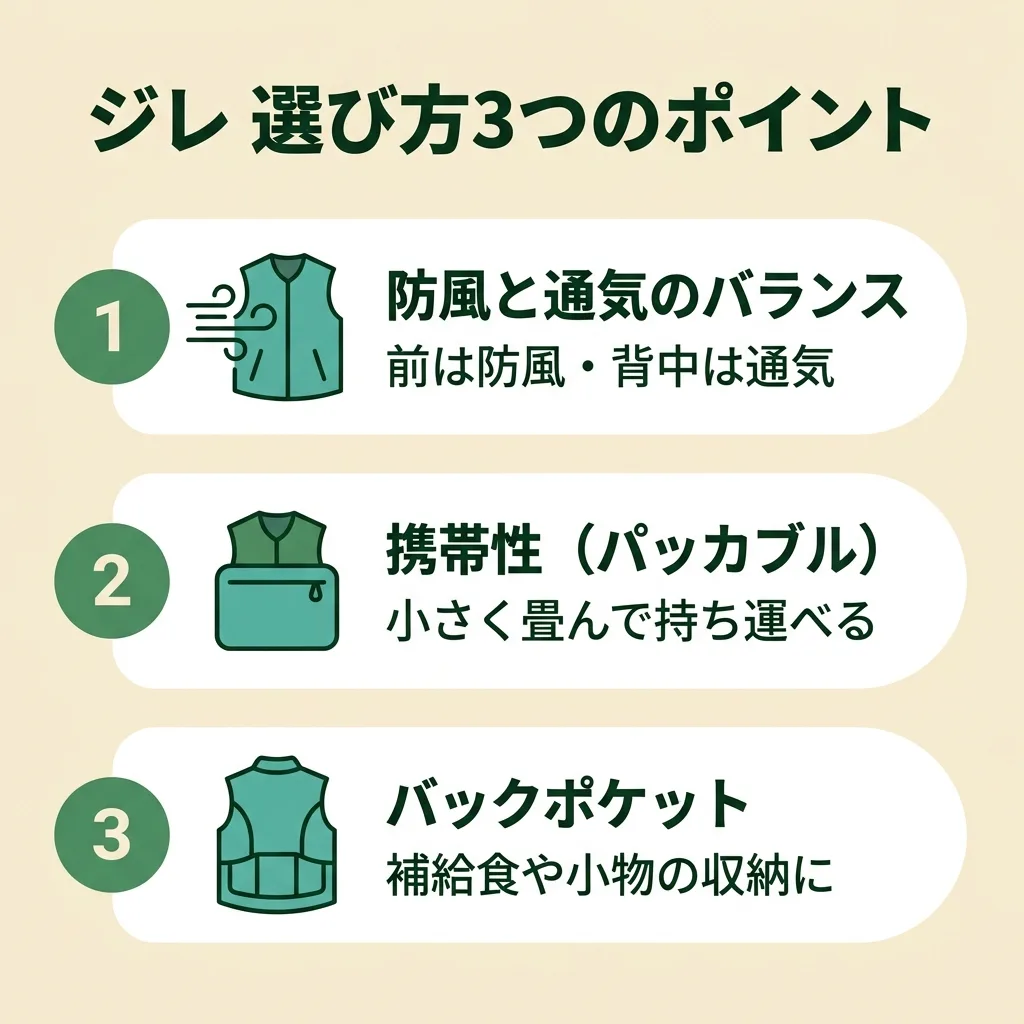 ジレの選び方3ポイント:防風と通気のバランス・携帯性(パッカブル)・バックポケットの有無