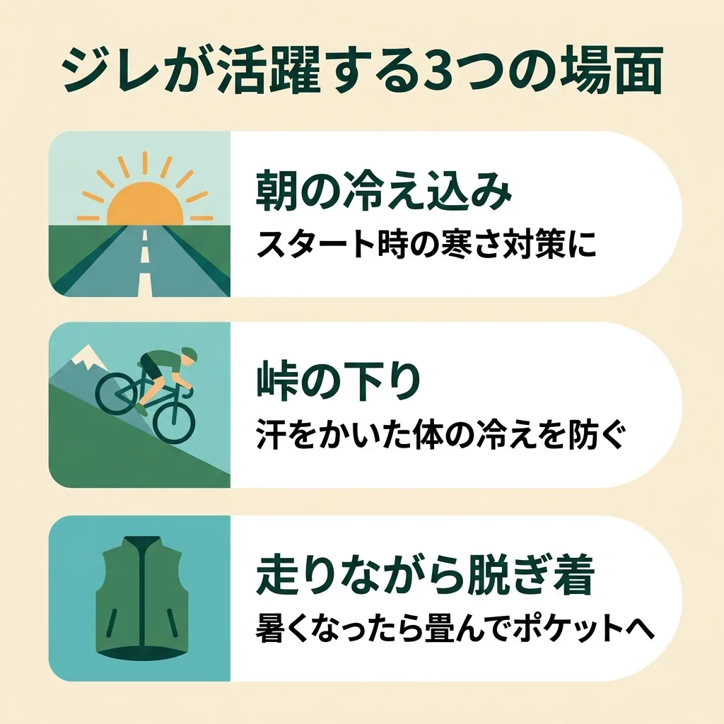 ジレが活躍する3つの場面:朝の冷え込み・峠の下り・走りながら脱ぎ着