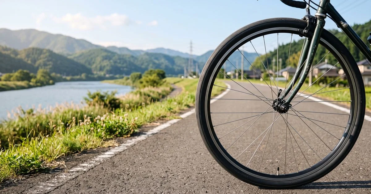太めのタイヤを履いたロードバイクで、タイヤとフレームの隙間が見えている