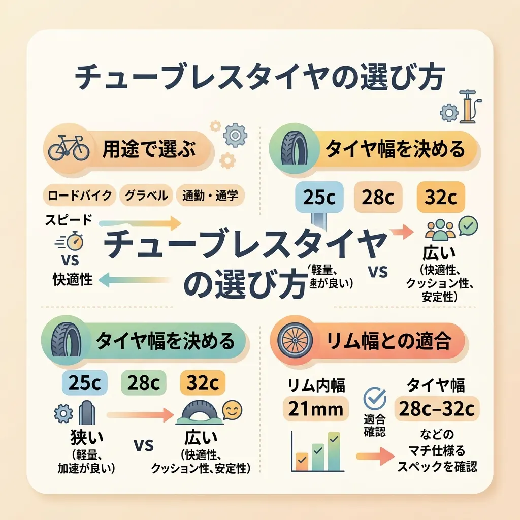 用途・タイヤ幅・リム適合の3点で選ぶチューブレスタイヤの基本