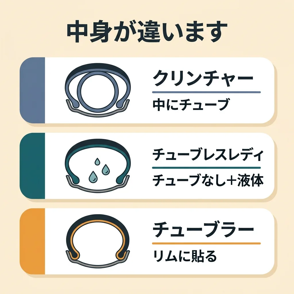 クリンチャー・チューブレスレディ・チューブラーの中身の違い