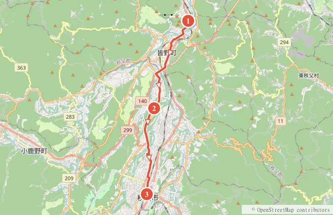 長瀞〜秩父（荒川上流） サイクリングルート地図