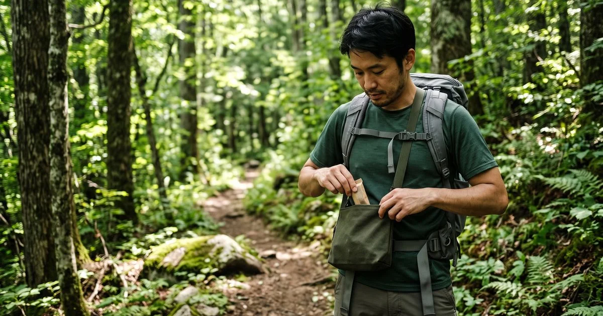 登山道でサコッシュから行動食を取り出すハイカー