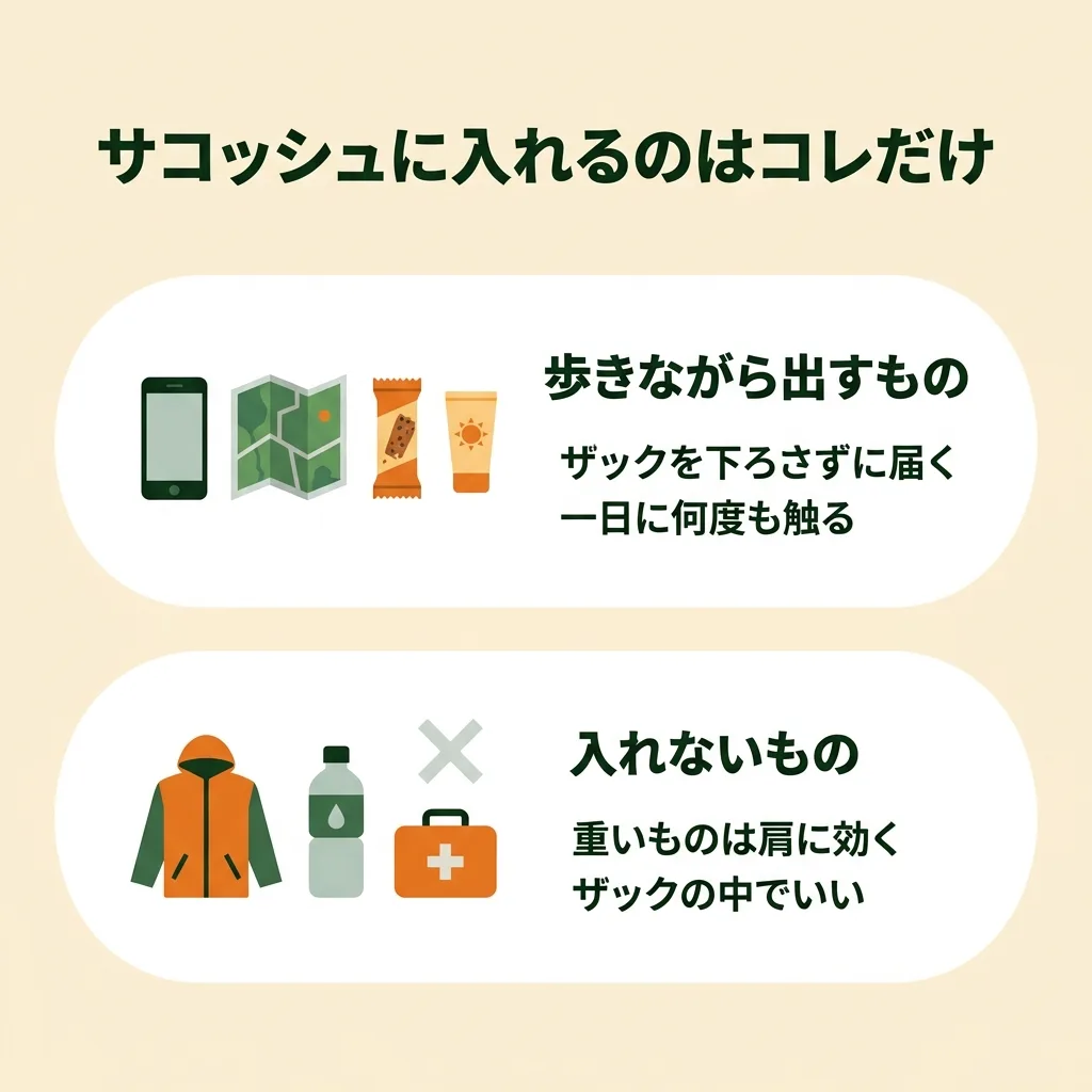 サコッシュに入れるもの:行動中に出し入れするものだけを入れる
