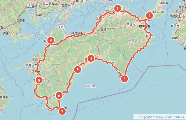 四国一周サイクリング 約1000kmのルート地図と主要スポット（時計回り）
