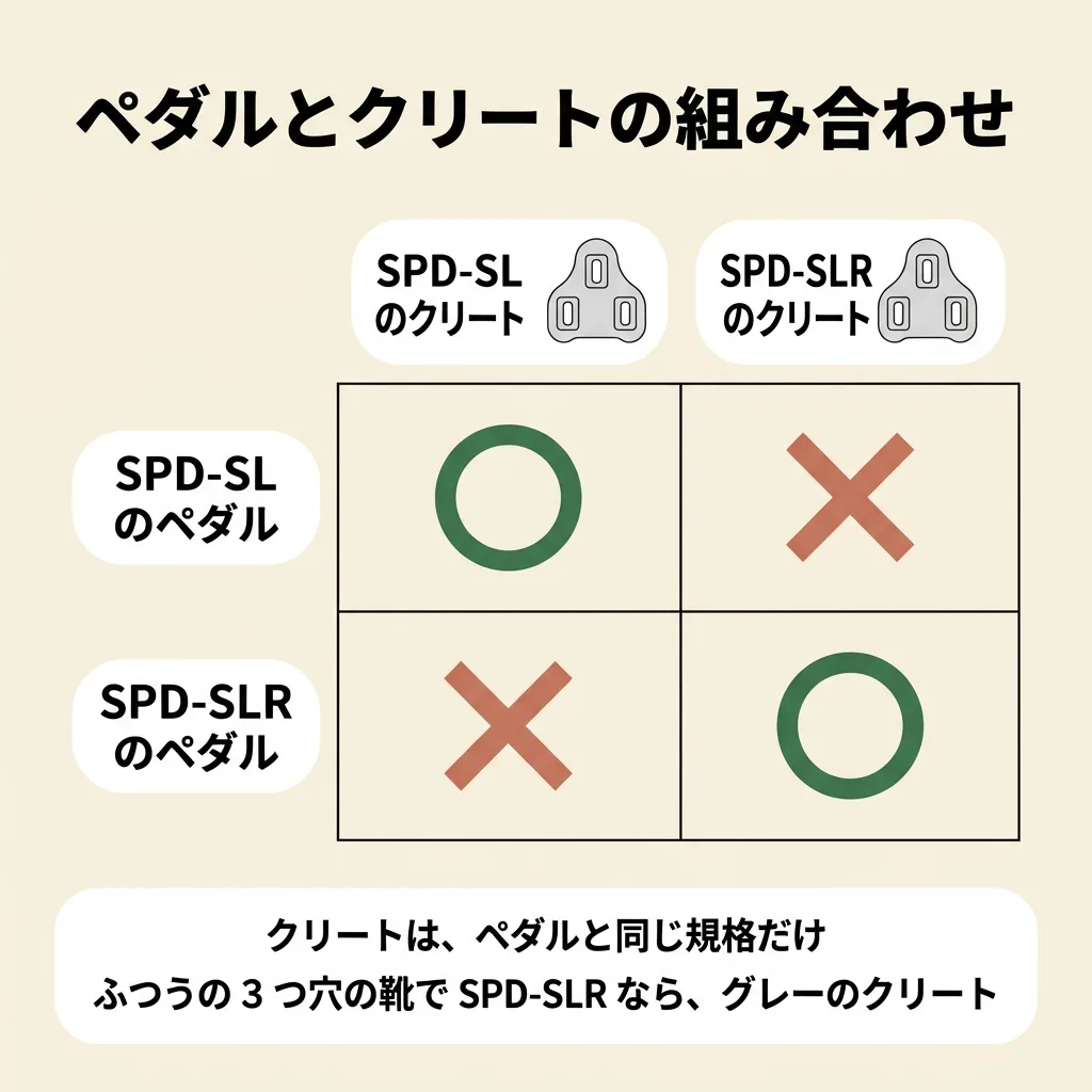 ペダルとクリートの組み合わせの図。SPD-SL のペダルには SPD-SL のクリートだけ、SPD-SLR のペダルには SPD-SLR のクリートだけが使える(ほかの組み合わせは×)。ふつうの3つ穴の靴で SPD-SLR のペダルを使うなら、グレーのクリート