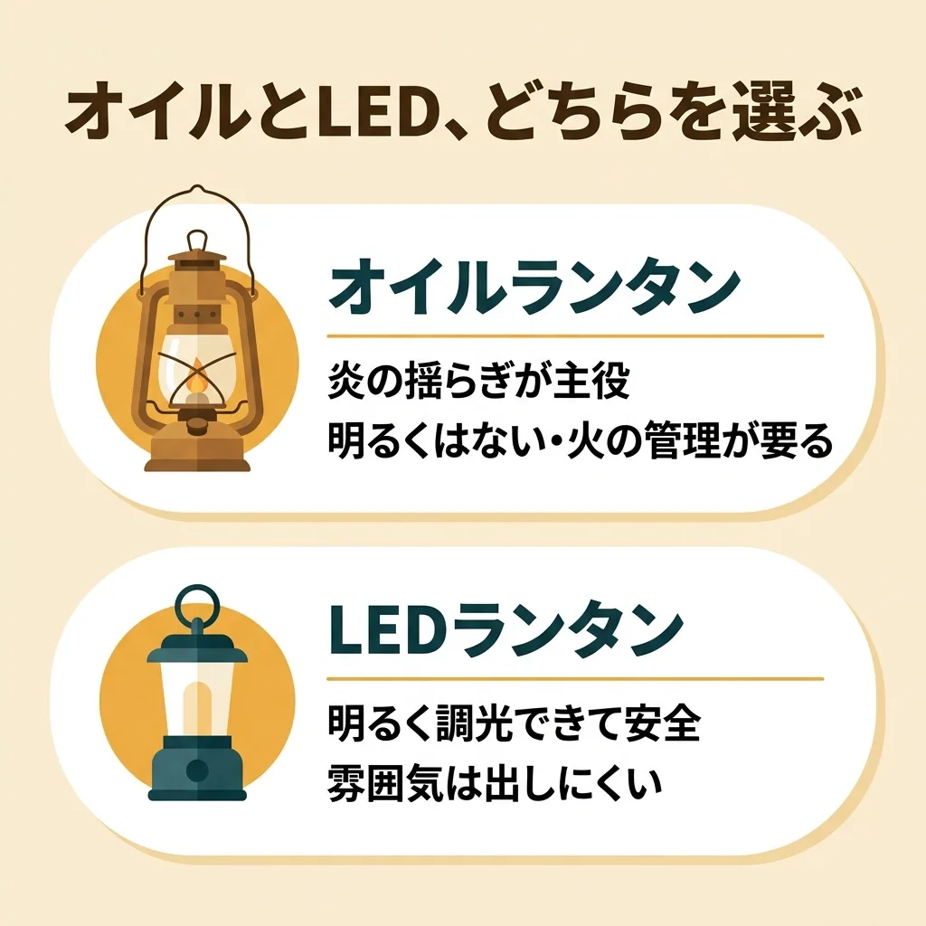 オイルランタンとLEDランタンの違い：雰囲気か実用性か