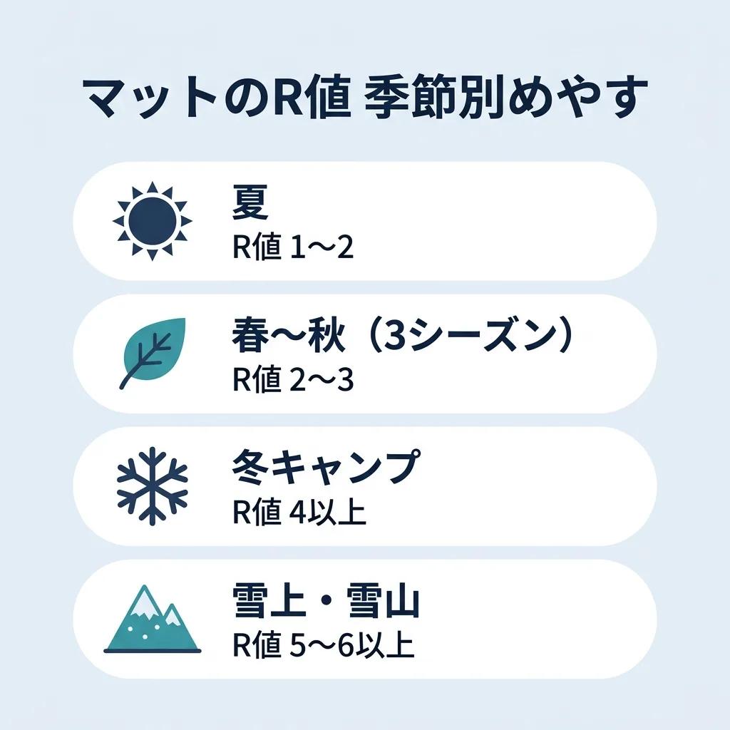 スリーピングマットのR値の目安:夏2〜3・春秋3〜4・冬4以上