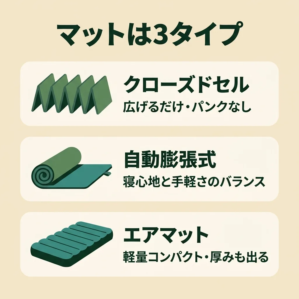スリーピングマット3タイプ:クローズドセル・自動膨張式・エアマットの違い