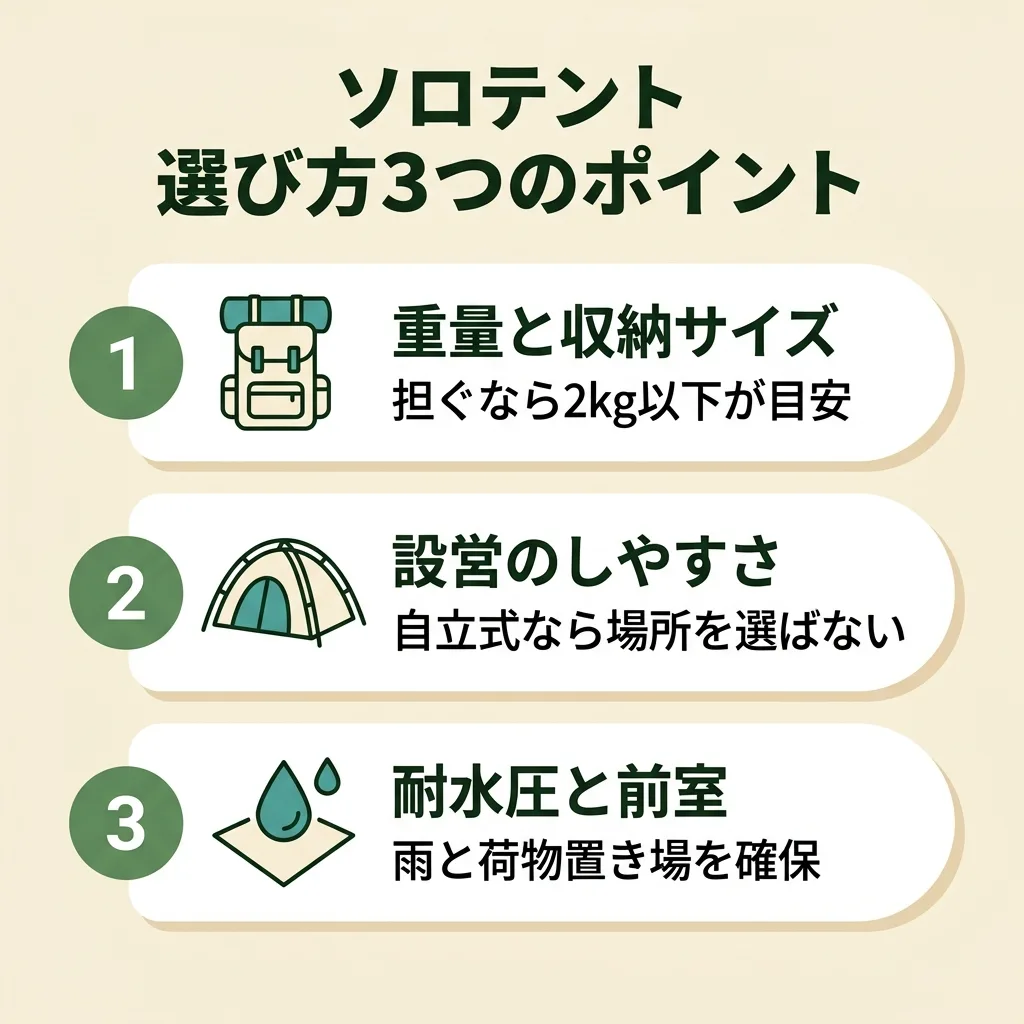 ソロテントの選び方3ポイント：重量と収納サイズ・設営のしやすさ・耐水圧と前室