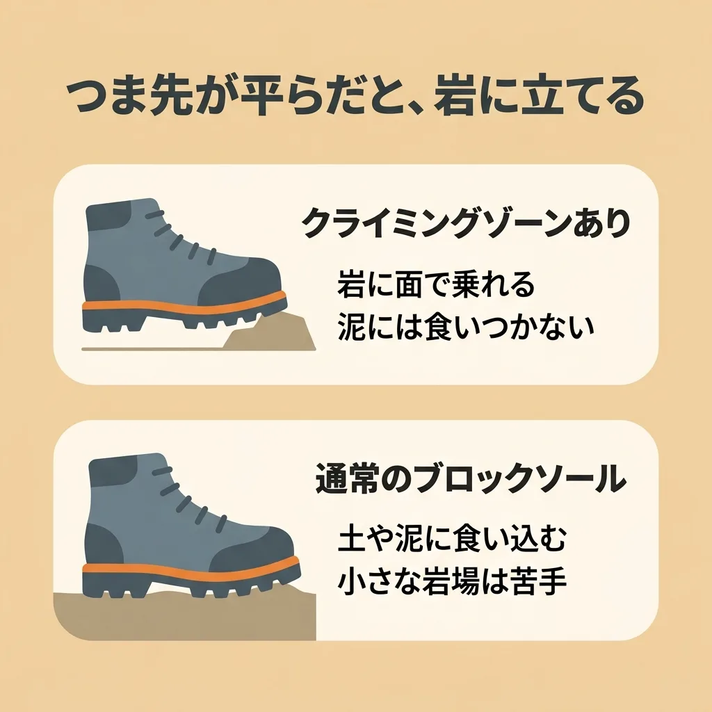 クライミングゾーンとは：つま先の平らなラバーと通常のブロックソールの違い