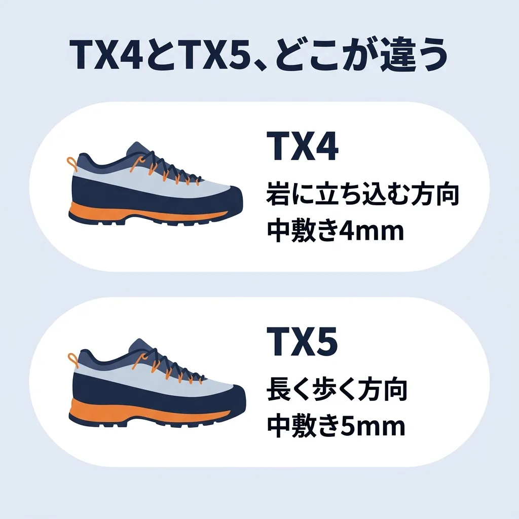 TX4とTX5の違い：アプローチ寄りかハイキング寄りか