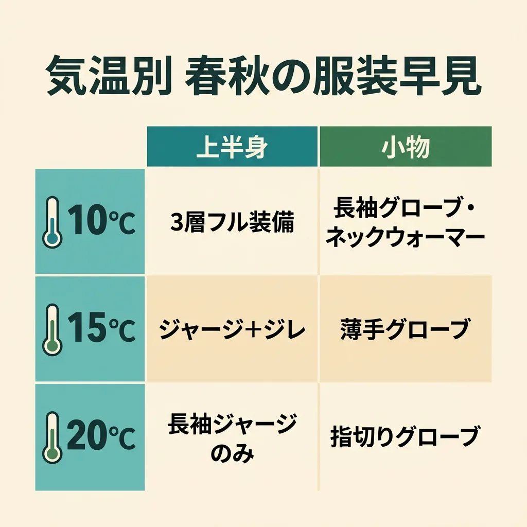 気温別 春秋サイクリングの服装早見表:10℃は3層フル装備・15℃はジャージ+ジレ・20℃はジャージのみ