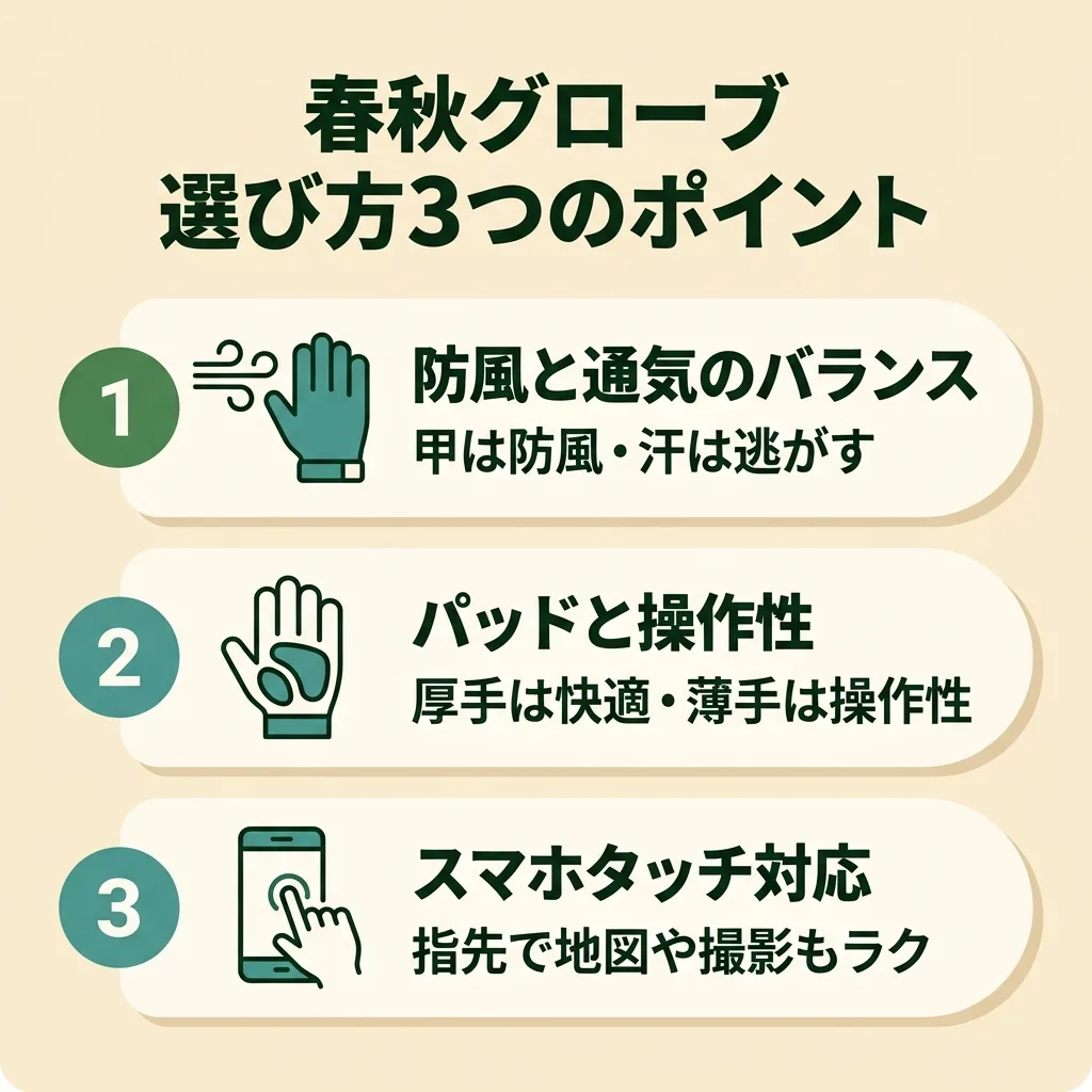 春秋グローブの選び方3ポイント:防風と通気のバランス・パッドと操作性・スマホタッチ対応