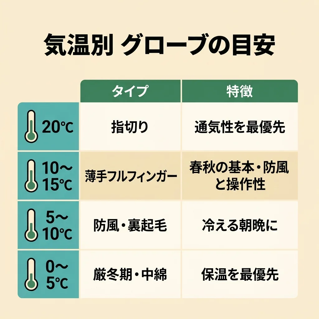 気温別サイクリンググローブの目安:20℃指切り・10〜15℃薄手フルフィンガー・5〜10℃防風裏起毛・0〜5℃厳冬期用