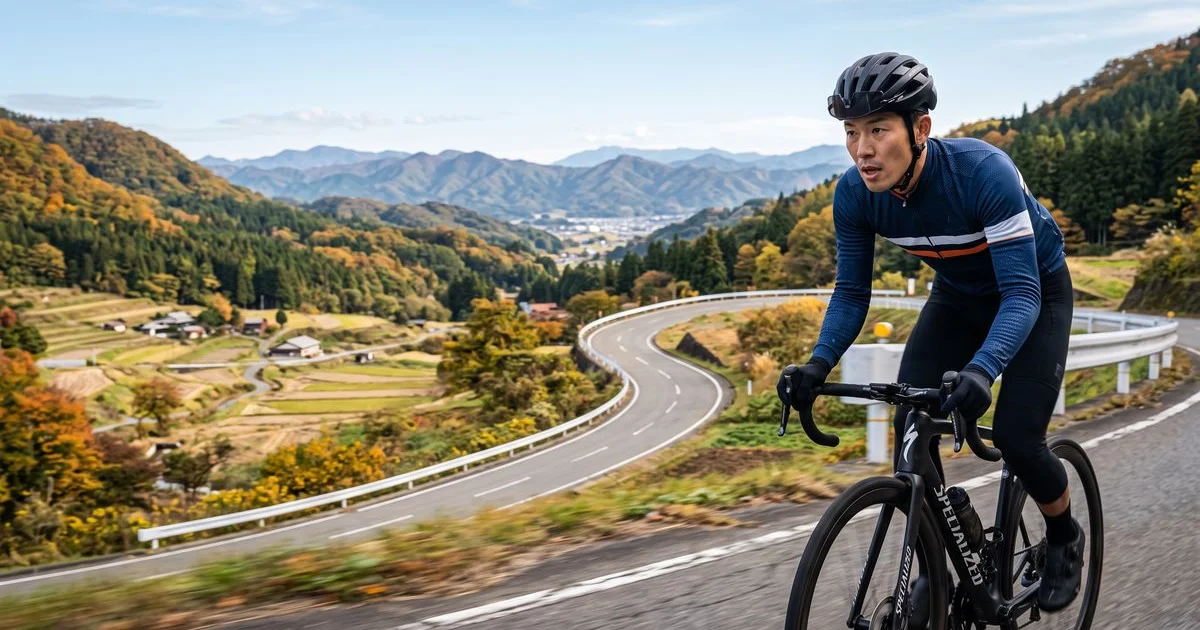 春秋の里山を長袖サイクルジャージで走るロードバイクのサイクリスト