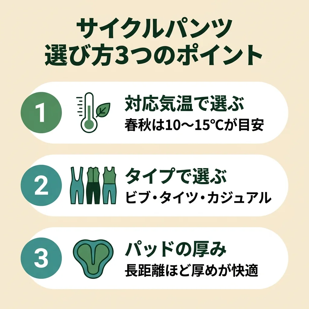 サイクルパンツ選び方3ポイント：対応気温・タイプ・パッドの厚み