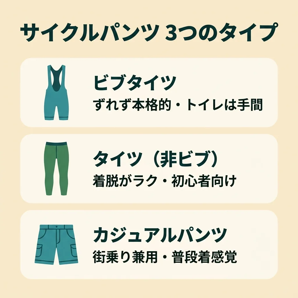 サイクルパンツの3タイプ比較：ビブタイツ・タイツ（非ビブ）・カジュアルパンツの違い