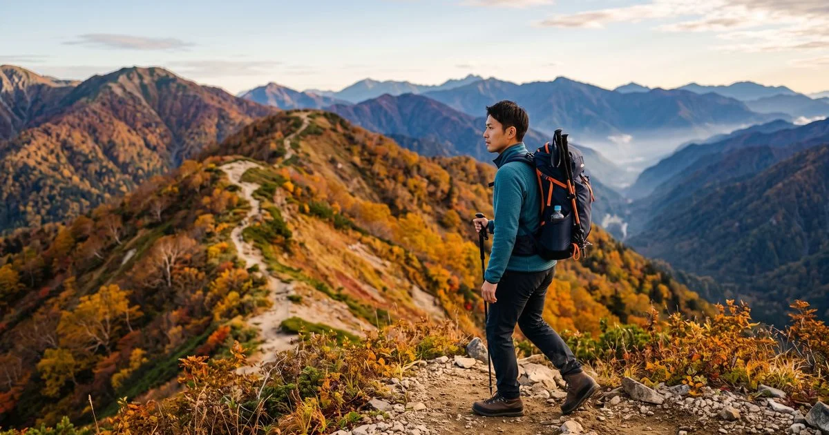 秋の稜線をグリッドフリースのミドルレイヤー姿で歩く登山者