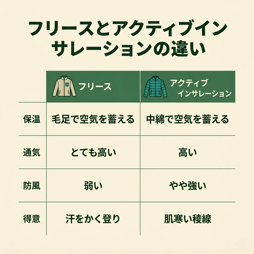 フリースとアクティブインサレーションの違い：保温の仕組み・通気性・防風性・得意なシーンを比較
