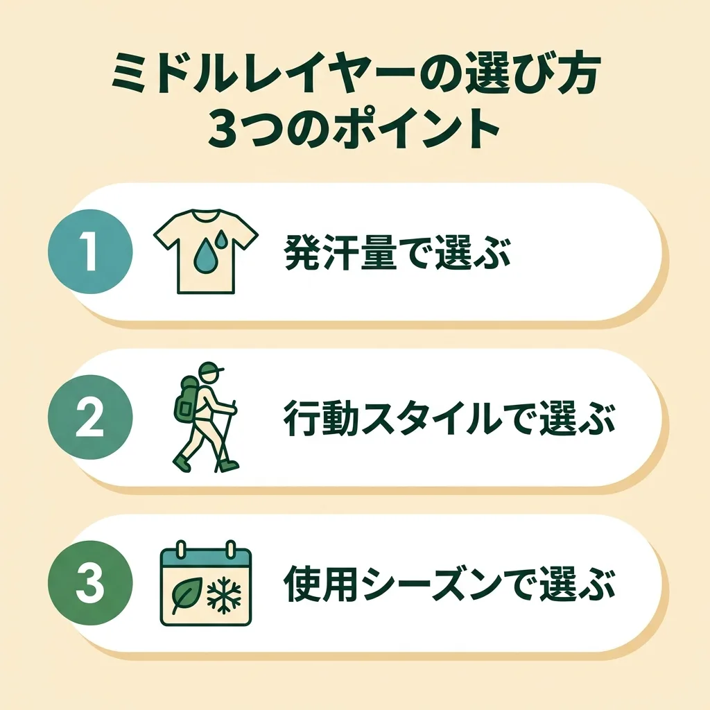 ミドルレイヤーの選び方3つのポイント：発汗量・行動スタイル・使用シーズン